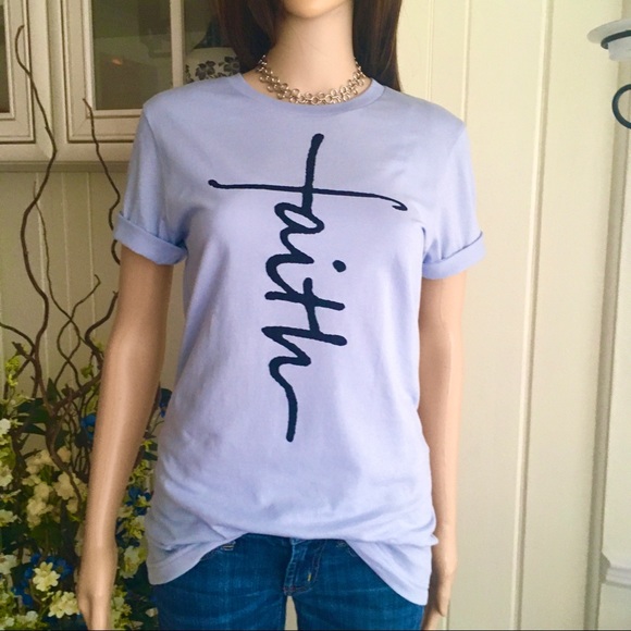 LIGHT BLUE “FAITH” TEE SHIRT ALL COTTON - Picture 2 of 6